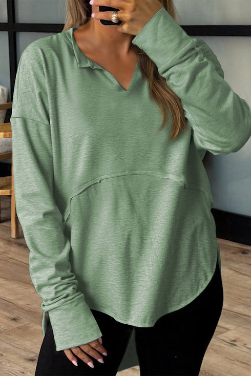 Raw Edge Notched Neck Terry High Low Long Sleeve Top